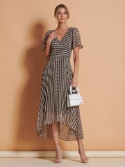 Jolie Moi Brown Spot Angel Sleeve Pleated Chiffon Maxi Dress - Image 4 of 6