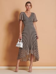 Jolie Moi Brown Spot Angel Sleeve Pleated Chiffon Maxi Dress - Image 5 of 6