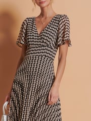 Jolie Moi Brown Spot Angel Sleeve Pleated Chiffon Maxi Dress - Image 6 of 6