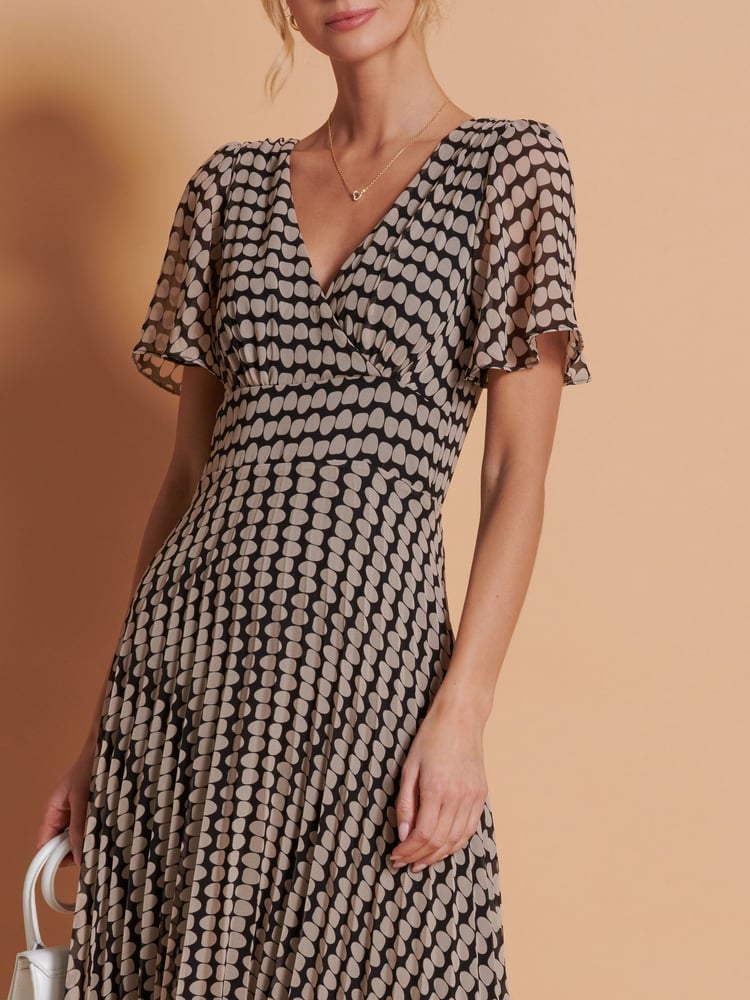 Jolie Moi Brown Spot Angel Sleeve Pleated Chiffon Maxi Dress - Image 6 of 6