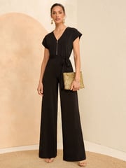 Love & Roses Black Jersey Zip Detail Wide Leg Jumpsuit - Image 1 of 4