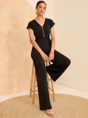 Love & Roses Black Jersey Zip Detail Wide Leg Jumpsuit - Image 3 of 4