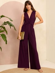 Love & Roses Burgundy Red Twist Front Pleated Jersey Jumpsuit - Image 1 of 4