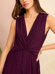 Love & Roses Burgundy Red Twist Front Pleated Jersey Jumpsuit - Image 2 of 4