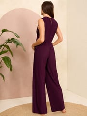 Love & Roses Burgundy Red Twist Front Pleated Jersey Jumpsuit - Image 3 of 4