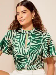 Friends Like These Green Printed Flutter Sleeve Keyhole Blouse - Image 1 of 4