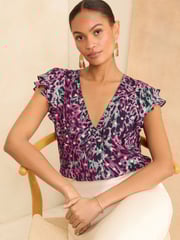 Love & Roses Pink Animal Metallic Ruffle V Neck Tie Back Blouse - Image 1 of 4