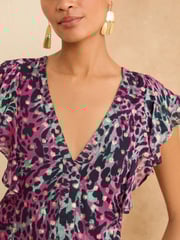 Love & Roses Pink Animal Metallic Ruffle V Neck Tie Back Blouse - Image 2 of 4