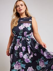 Yours Curve Blue Mesh Panel Skater Dress - Image 1 of 5