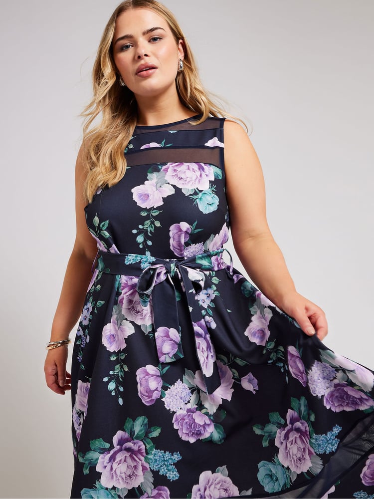 Yours Curve Blue Mesh Panel Skater Dress - Image 1 of 5