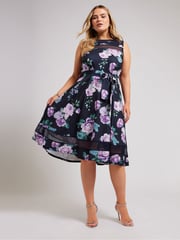 Yours Curve Blue Mesh Panel Skater Dress - Image 2 of 5