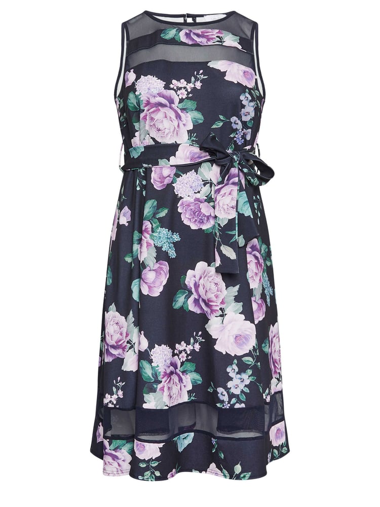 Yours Curve Blue Mesh Panel Skater Dress - Image 5 of 5