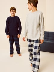 Navy/Grey Textured Top 2 Pack Long Sleeve Woven Check Pyjamas (3-16yrs) - Image 2 of 4