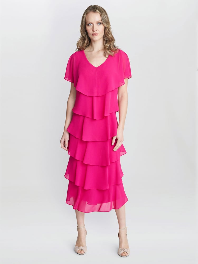 Gina Bacconi Rebecca Midi Tiered Dress With Shoulder Trim - Image 2 of 6 Gina Bacconi Rebecca Midi Tiered Dress With Shoulder Trim - Image 2 of 6