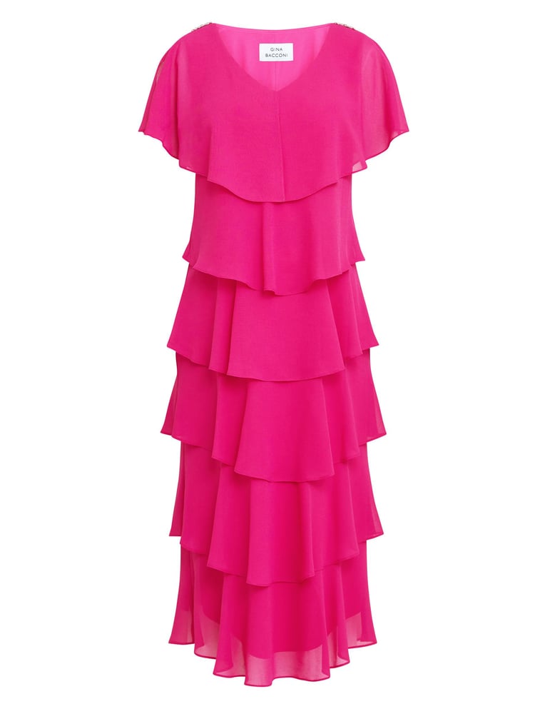 Gina Bacconi Rebecca Midi Tiered Dress With Shoulder Trim - Image 6 of 6 Gina Bacconi Rebecca Midi Tiered Dress With Shoulder Trim - Image 6 of 6