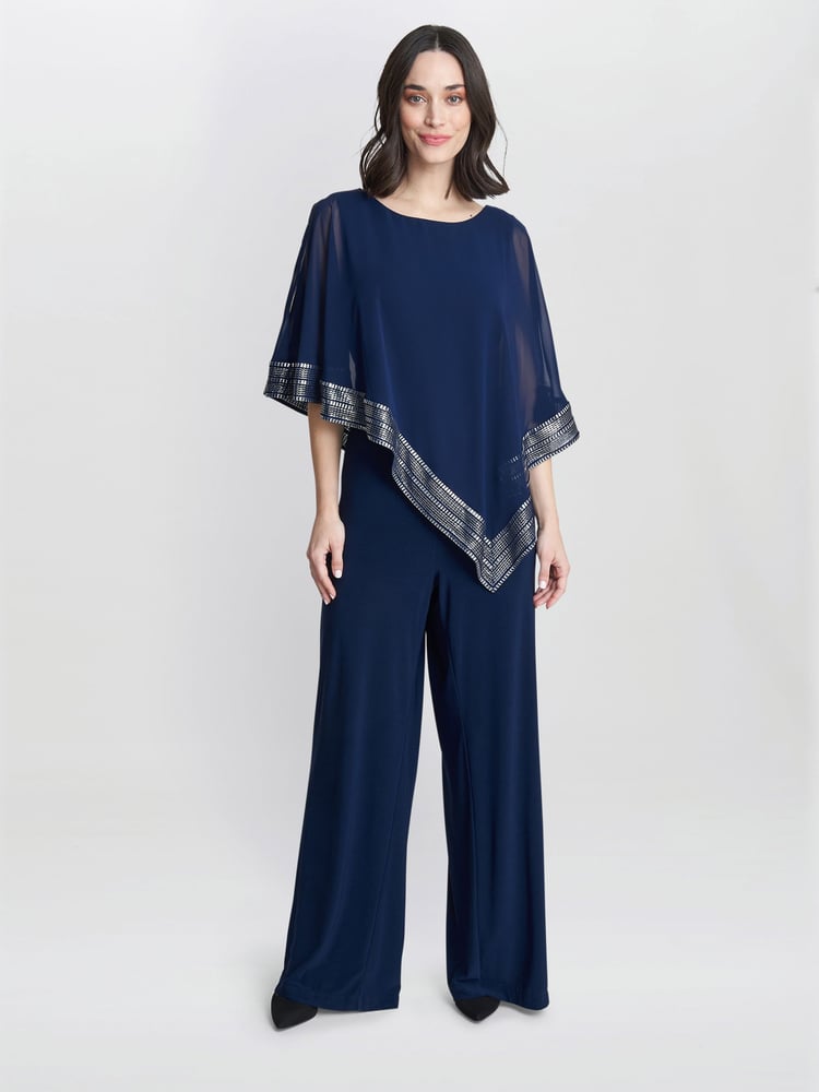 Gina Bacconi Eve Asymmetrical Cape Jumpsuit With Foil Trim - Image 1 of 5
