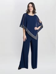 Gina Bacconi Eve Asymmetrical Cape Jumpsuit With Foil Trim - Image 3 of 5