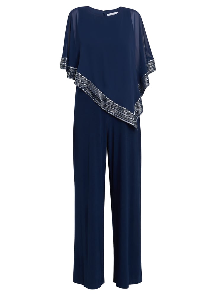 Gina Bacconi Eve Asymmetrical Cape Jumpsuit With Foil Trim - Image 5 of 5