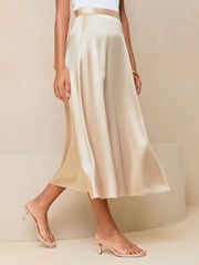 Lipsy Champagne Gold Satin A Line Midi Skirt - Image 1 of 4
