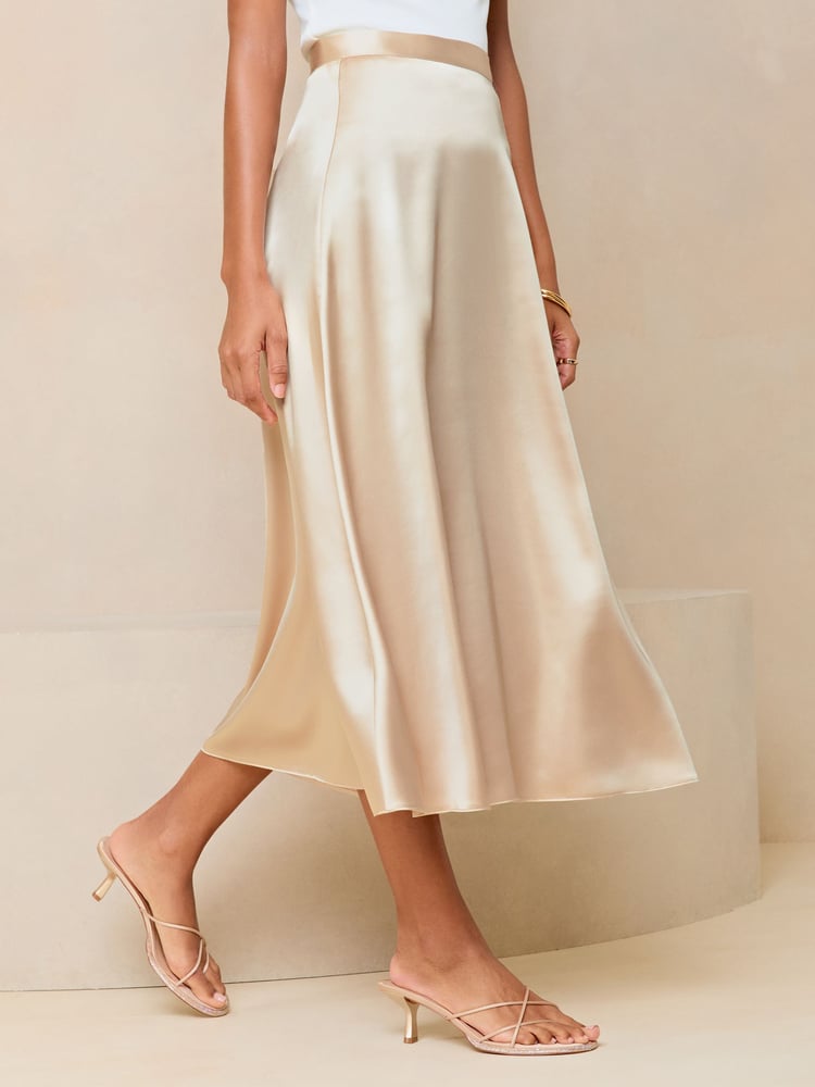 Lipsy Champagne Gold Satin A Line Midi Skirt - Image 1 of 4