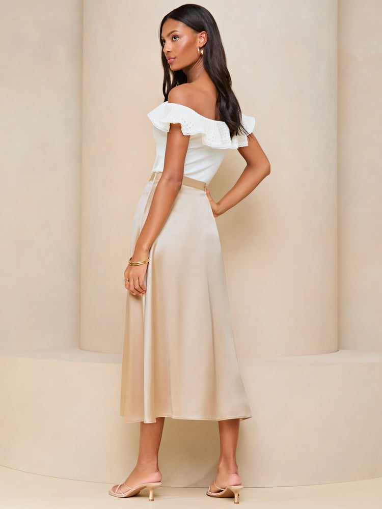 Lipsy Champagne Gold Satin A Line Midi Skirt - Image 2 of 4