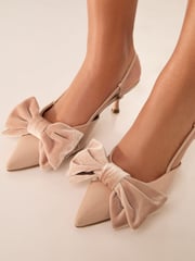 Lipsy Nude Pink Mid Stiletto Heel Pointed Bow Faux Leather Occasion Slingback Court Shoes - Image 2 of 4