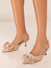 Lipsy Nude Pink Mid Stiletto Heel Pointed Bow Faux Leather Occasion Slingback Court Shoes - Image 3 of 4
