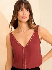 Love & Roses Rust Red Stud Trim Detail V Neck Vest Top - Image 1 of 4