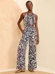 Love & Roses Animal Printed Lace Trim Halter Neck Jumpsuit - Image 1 of 4