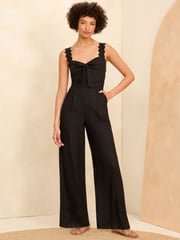 Love & Roses Black Scallop Wide Leg Jumpsuit With Linen - Image 1 of 4