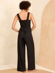 Love & Roses Black Scallop Wide Leg Jumpsuit With Linen - Image 3 of 4