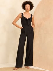 Love & Roses Black Scallop Wide Leg Jumpsuit With Linen - Image 4 of 4