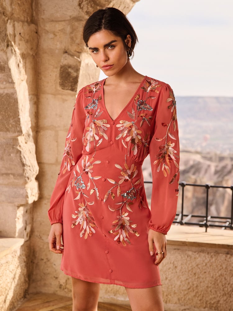Love & Roses Orange Rust Embellished V Neck Long Sleeve Mini Dress - Image 1 of 4