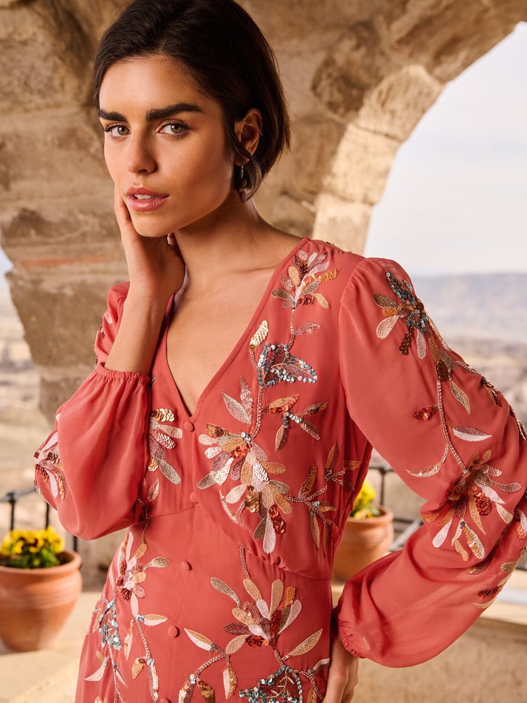 Love & Roses Orange Rust Embellished V Neck Long Sleeve Mini Dress - Image 2 of 4