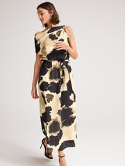Cream/Black Cow Smudge Print Sleeveless Knot Shoulder Column Maxi Dress - Image 1 of 6
