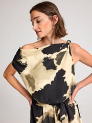Cream/Black Cow Smudge Print Sleeveless Knot Shoulder Column Maxi Dress - Image 4 of 6