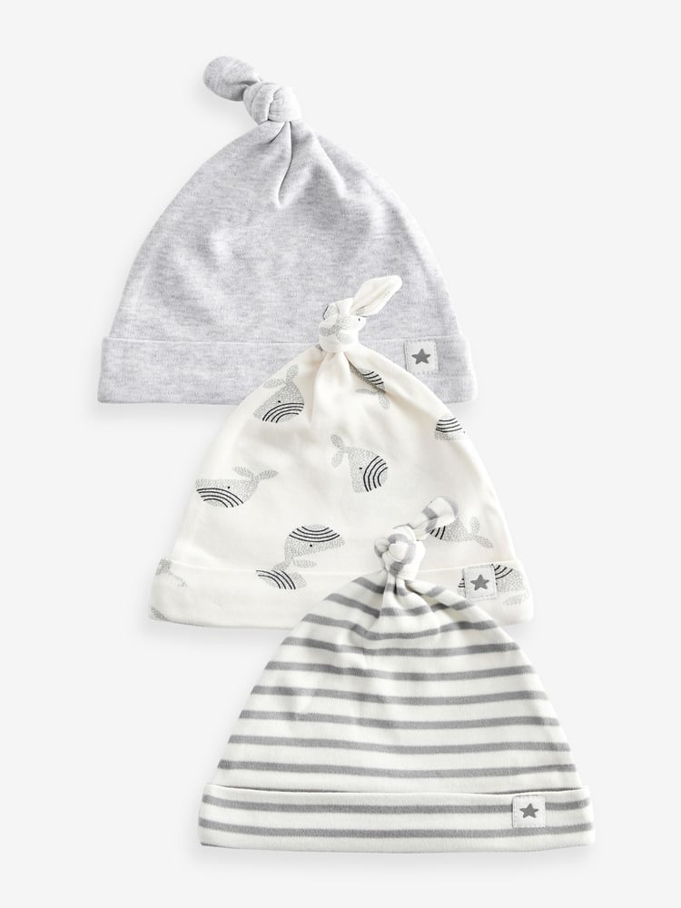 Grey Whale Baby 100% Cotton Tie Top Hats 3 Pack (0-18mths) - Image 1 of 2