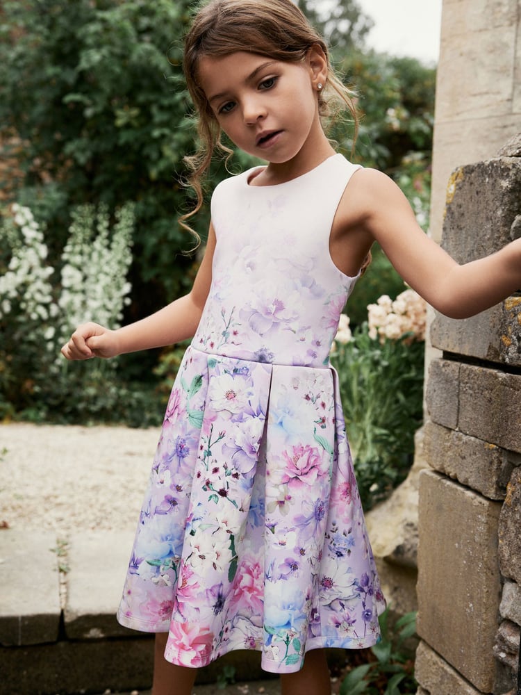 Lilac Floral Cut Out Detail Scuba Occasion Dress (1.5-16yrs) - Image 2 of 7