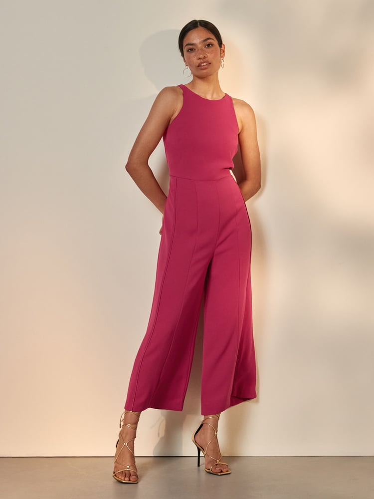 Pink Sleeveless Wide Leg Crepe Jumpsuit - Image 1 of 5