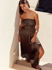 Brown Beaded Detail Crinkle Satin Bandeau Dress - Image 1 of 7
