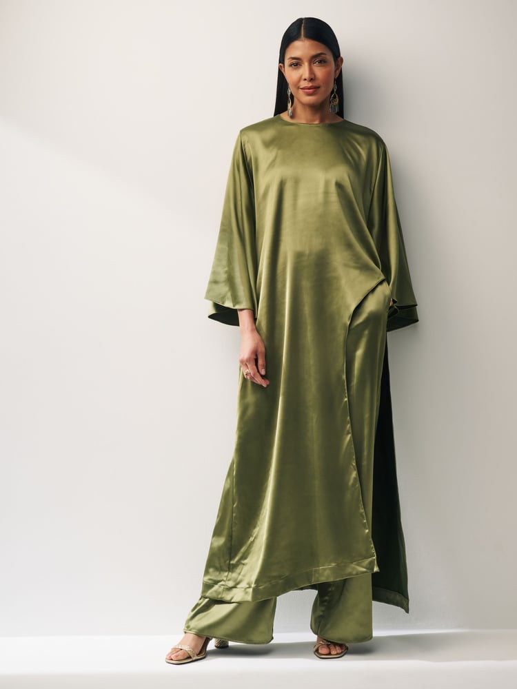 Green Satin Elasticated Wide Leg Trousers - Image 1 of 4