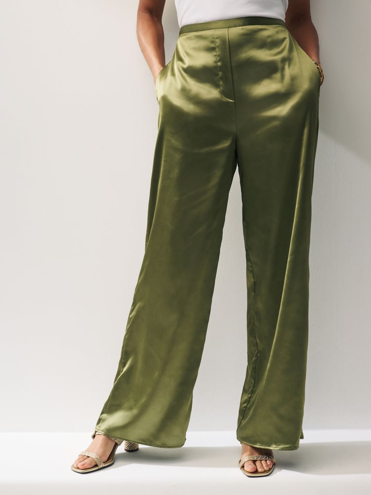 Green Satin Elasticated Wide Leg Trousers - Image 2 of 4
