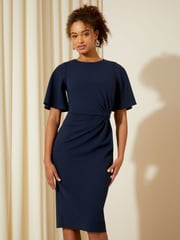 Friends Like These Navy Blue Tailored Knot Detail Flutter Sleeve Midi Dress - Image 1 of 4