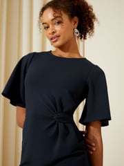 Friends Like These Navy Blue Tailored Knot Detail Flutter Sleeve Midi Dress - Image 2 of 4