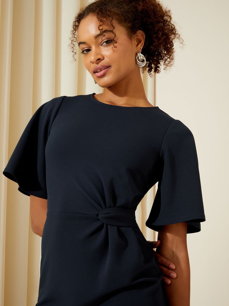 Friends Like These Navy Blue Tailored Knot Detail Flutter Sleeve Midi Dress - Image 2 of 4