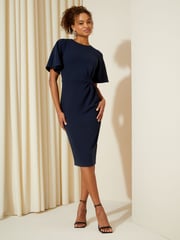 Friends Like These Navy Blue Tailored Knot Detail Flutter Sleeve Midi Dress - Image 3 of 4