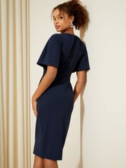 Friends Like These Navy Blue Tailored Knot Detail Flutter Sleeve Midi Dress - Image 4 of 4