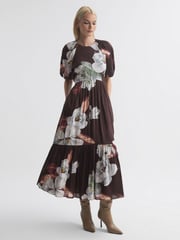 Florere Linen Silk Puff Sleeve Midi Dress - Image 1 of 6