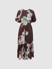 Florere Linen Silk Puff Sleeve Midi Dress - Image 2 of 6