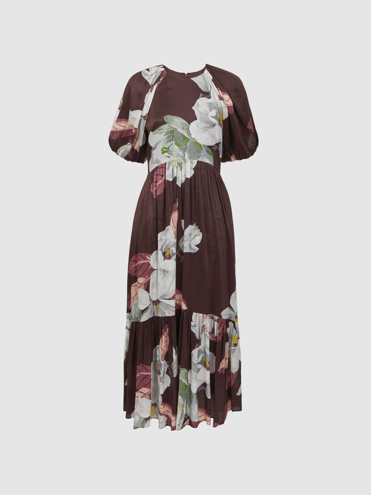 Florere Linen Silk Puff Sleeve Midi Dress - Image 2 of 6